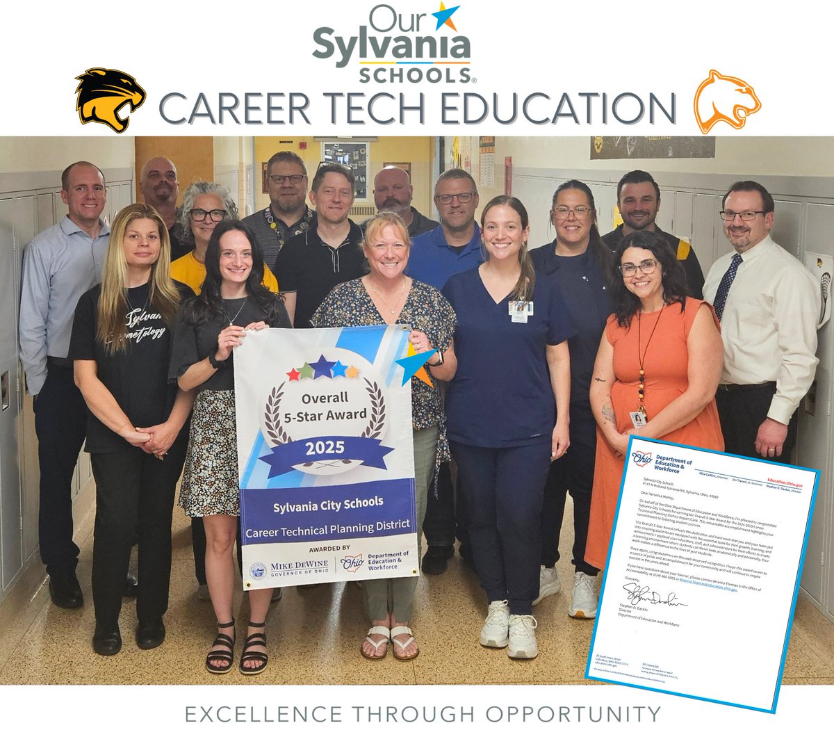 SylvaniaSchools's tweet image. Congratulations to our Career Tech Education (CTE) Department! We received the recognition banner from the @OHEducation for achieving 5 Stars in 2025. Kudos to our CTE teachers, thank you to our business partners, and great job to our students!! #CTE #excellence #opportunities