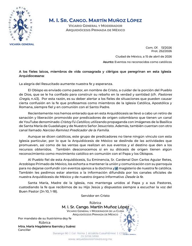 #Comunicado | Actualmente se están difundiendo eventos no reconocidos como católicos, organizados por un grupo denominado “Cristo y Tú Católico”, en la Arquidiócesis Primado de México. Toma tus precauciones y recuerda mantenerte informado sólo por nuestros medios oficiales.