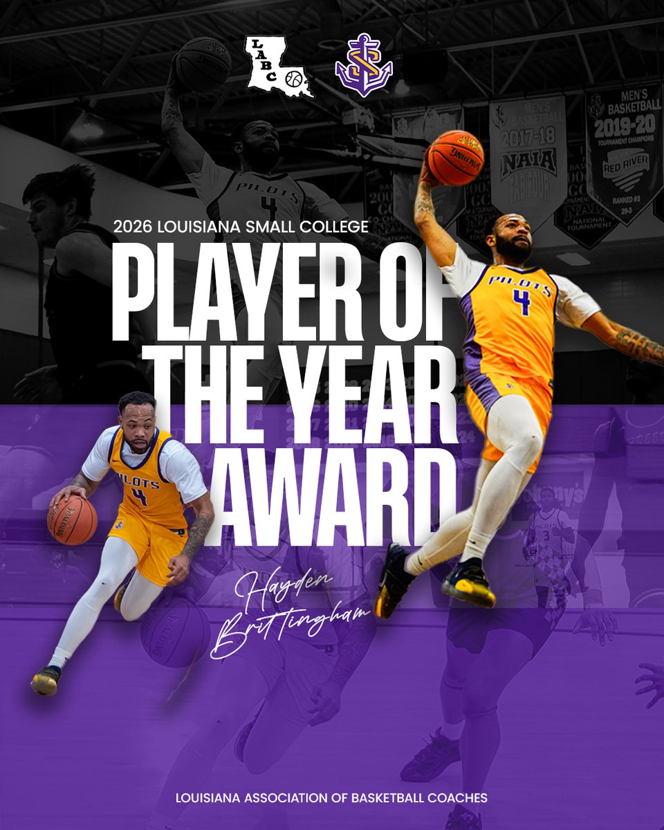 LSUSathletics's tweet photo. Hayden Brittingham adds another major honor 🏆

The LSUS standout has been named the 2026 LABC Louisiana Small College Player of the Year after earning NAIA &amp; NABC First Team All-American, RRAC Player of the Year, and RRAC Tournament MVP honors.🔥

#GeauxPilots https://t.co/jiUSPmq1ht