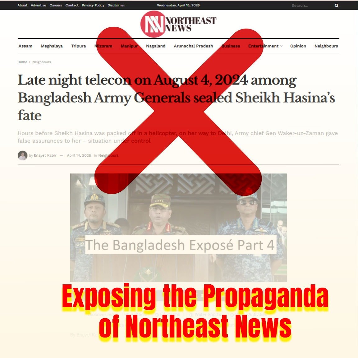 SamirMahmu49212's tweet photo. Exposing the Propaganda of Northeast News

Enayet Kabir of Northeast News (who many believe is either a pseudonym of Chandan Nandi or closely associated with him) has claimed that “senior Bangladeshi army officers trapped NTMC chief Major General Ziaul Ahsan.” This is a  story. https://t.co/2m9lzgPCIE