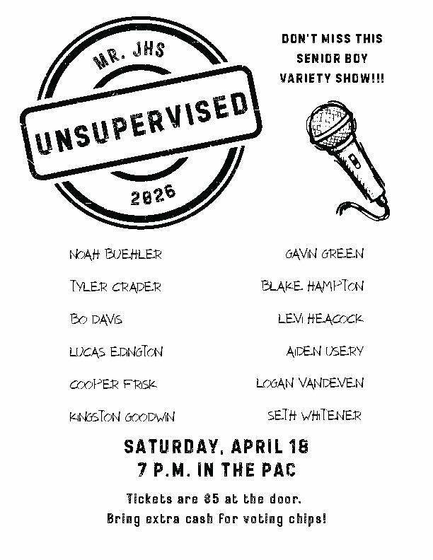 Jefferson_RVII's tweet photo. MR. JHS 2026 – UNSUPERVISED

Come support your senior boys on Saturday, April 18th at 7:00pm in the PAC as they take the stage for the Mr. JHS Variety Show! From comedy to creativity, you won’t want to miss what they’ve got planned.

https://t.co/yYlqkRI0wV https://t.co/8BcNsqWg8H