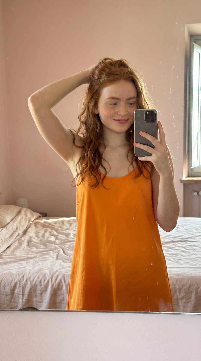 GlenaJenne's tweet photo. Sometimes the simplest moments feel the best 🤍

Sabrina Carpenter, Sadie Sink, Ana de Armas

Nano banana pro prompt :

{
  "scene": {
    "setting": "minimal indoor bedroom",
    "background": "soft pink wall with subtle texture, unmade bed with light fabric sheets, natural casual aesthetic",
    "lighting": "soft natural daylight coming from window, diffused and even lighting with gentle shadows and warm highlights"
  },
  "subject": {
    "type": "female",
    "pose": "standing in front of mirror taking a selfie, one arm raised holding hair and the other holding phone, relaxed natural posture",
    "expression": "soft natural smile with calm and confident vibe, looking at phone screen",
    "face": "Use uploaded reference image, keep identity exact, natural facial proportions, realistic skin texture with subtle imperfections",
    "hair": "Use uploaded reference image, keep identity exact, long wavy hair with bangs, exact same hair color preserved",
    "eyes": "Use uploaded reference image, keep identity exact, natural reflections from daylight",
    "skin": "natural skin tone with soft highlights, realistic texture, visible pores and subtle imperfections",
    "body": "natural proportions maintained"
  },
  "clothing": {
    "outfit": "soft orange sleeveless loose tank top with lightweight fabric, natural folds and relaxed fit",
    "footwear": "not visible",
    "accessories": "minimal, natural styling"
  },
  "environment_details": {
    "props": "mirror, bed with soft wrinkled sheets, window allowing daylight",
    "textures": "soft fabric textures, matte wall surface, natural skin texture, subtle reflections in mirror"
  },
  "camera": {
    "angle": "mirror selfie angle slightly tilted",
    "framing": "mid shot focusing on upper body and face",
    "focus": "sharp focus on subject with slight depth from background",
    "lens": "50mm lens with natural perspective"
  },
  "style": {
    "realism": "ultra realistic lifestyle photography",
    "color_tone": "warm tones with orange emphasis",
    "effects": "natural lighting only, no artificial filters or beautification",
    "details": "high detail textures, realistic lighting falloff, natural imperfections preserved"
  }
}