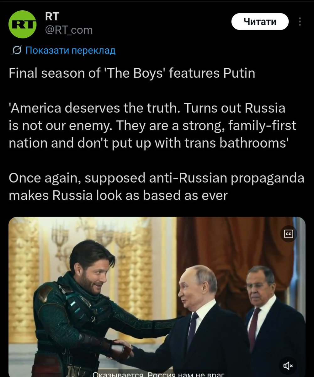 RT proudly retweeted the same clip from The Boys because they don't understand the EXTREMELY heavy-handed sarcasm (with the quotes coming from a group who also destroyed a civilian airliner, what a coincidence)