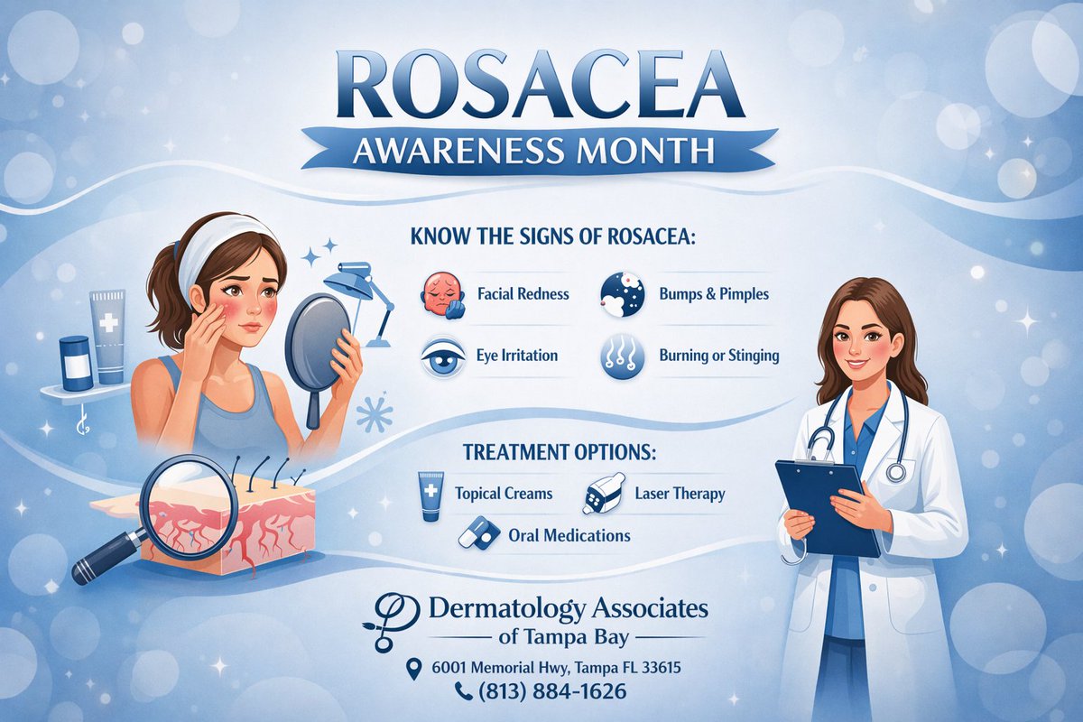DermAssocofTB's tweet photo. April is Rosacea Awareness Month! 
If you experience facial redness, sensitivity, or flushing, you’re not alone. Our team is here to help you find relief and feel confident in your skin. 
Schedule a consultation today!
.
.
.
#RosaceaAwarenessMonth #SkinHealth #DermatologyCare https://t.co/eZsLverXEl