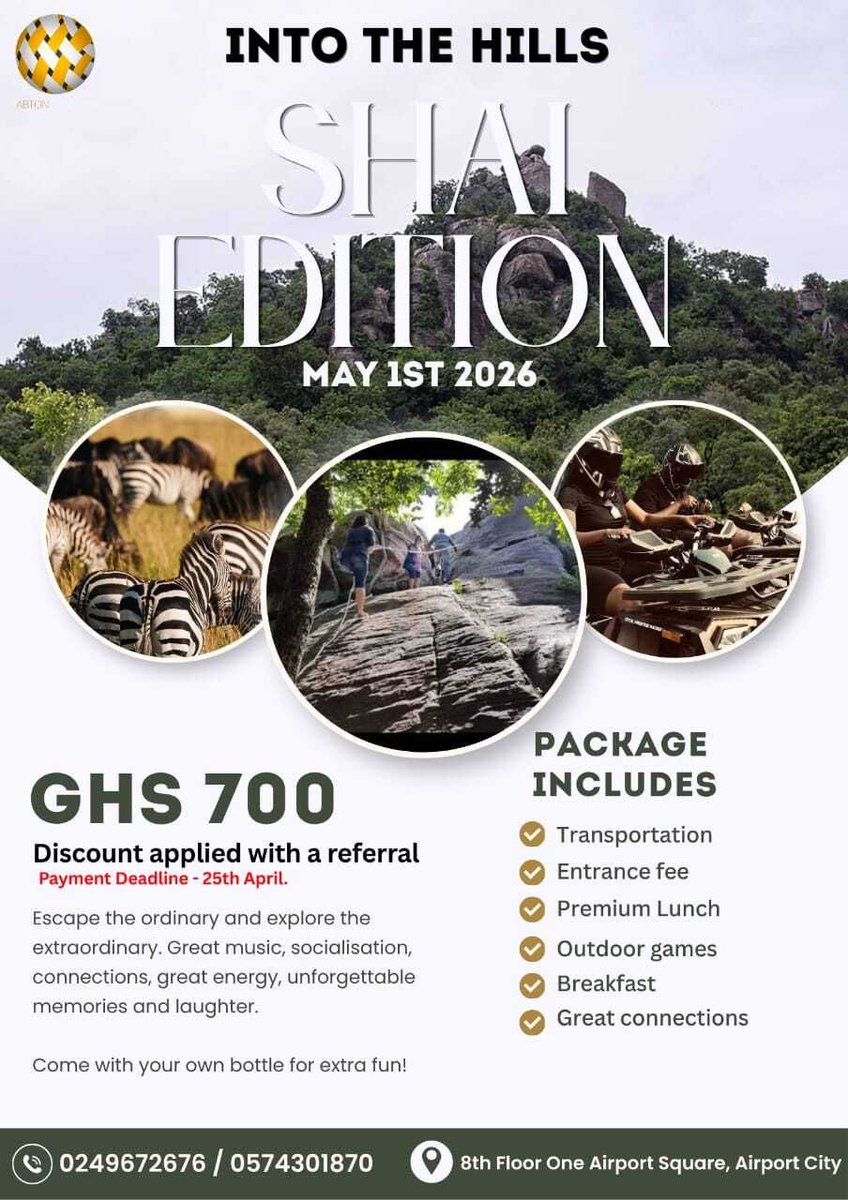 AbtoncraftersTC's tweet photo. Into the hills 🌄
Shai Edition | May 1st

GHS 700 (referral discount available)
Deadline: April 25

📞 0249672676 / 0574301870

#IntoTheHills #ShaiEdition #AccraEvents #ExploreGhana #WeekendPlans https://t.co/quiP2Bd9C6
