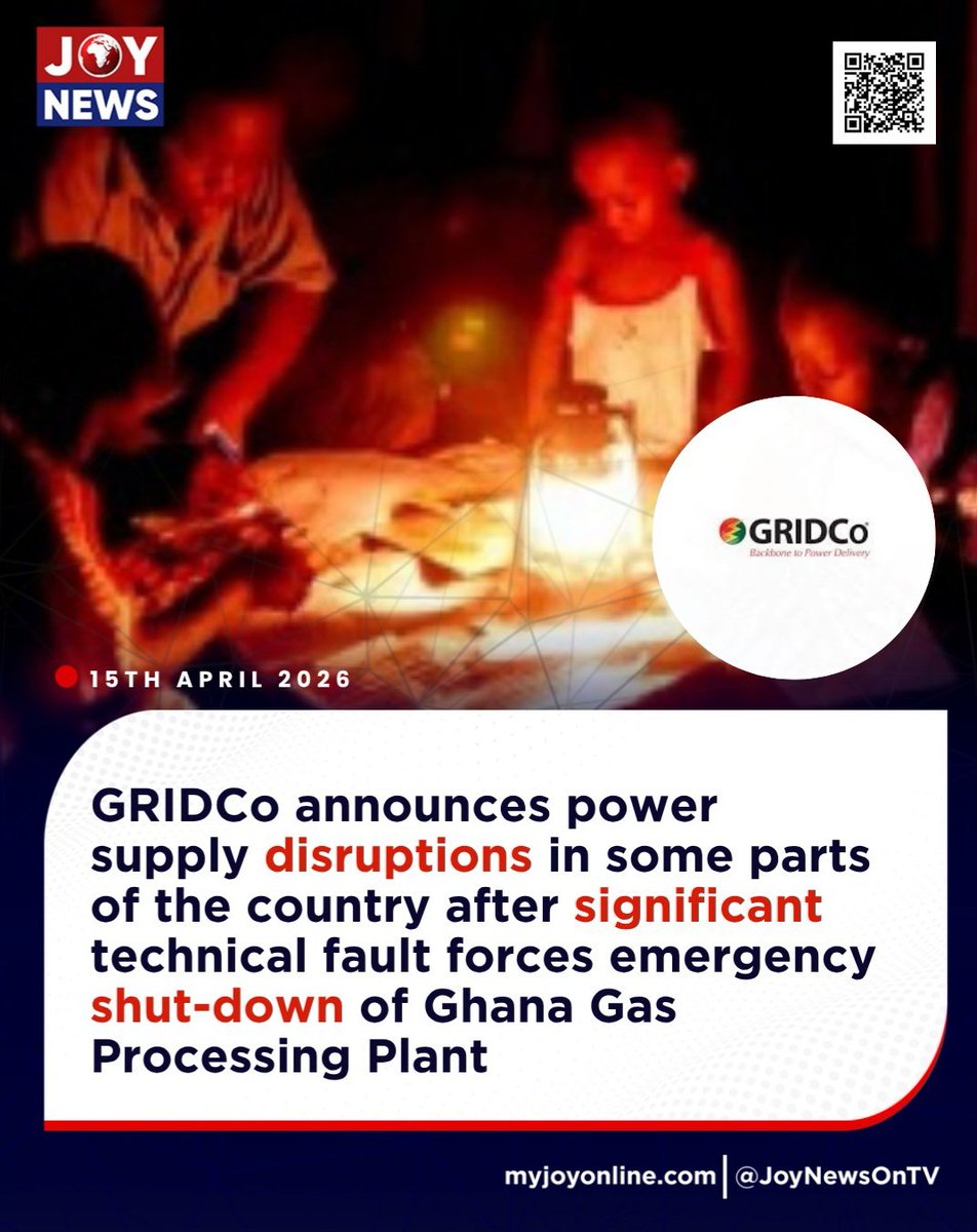 JoyNewsOnTV's tweet image. GRIDCo announces power supply disruptions in some parts of the country after significant technical fault forces emergency shut-down of Ghana Gas Processing Plant

Details here:
myjoyonline.com/gas-supply-dis…

#JoyNews #Viral #Explorepage #Ghana #JoyFM #GhanaNews #Ghana #NewsUpdate
