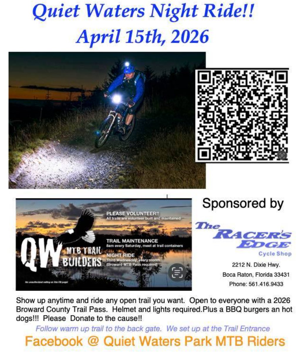 QuietWatersPark's tweet photo. Mountain Bike Night Ride!!
Tonight, 730pm - 930pm.

Charge up the lights and enjoy the trails and free BBQ!

County Pass Required. https://t.co/R8Ps94v6uK