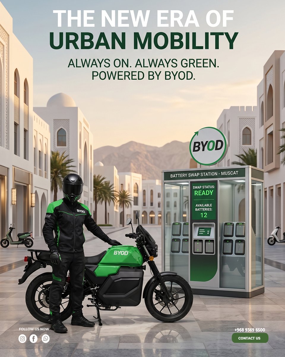 ByodOman's tweet image. Not just mobility. ⚡
The future of cities starts here.
Smart. Clean. Connected.
BYOD is redefining how urban life moves.

#BYOD #OmanVision2040 #SmartCities #FutureMobility #DigitalOman #SustainableOman