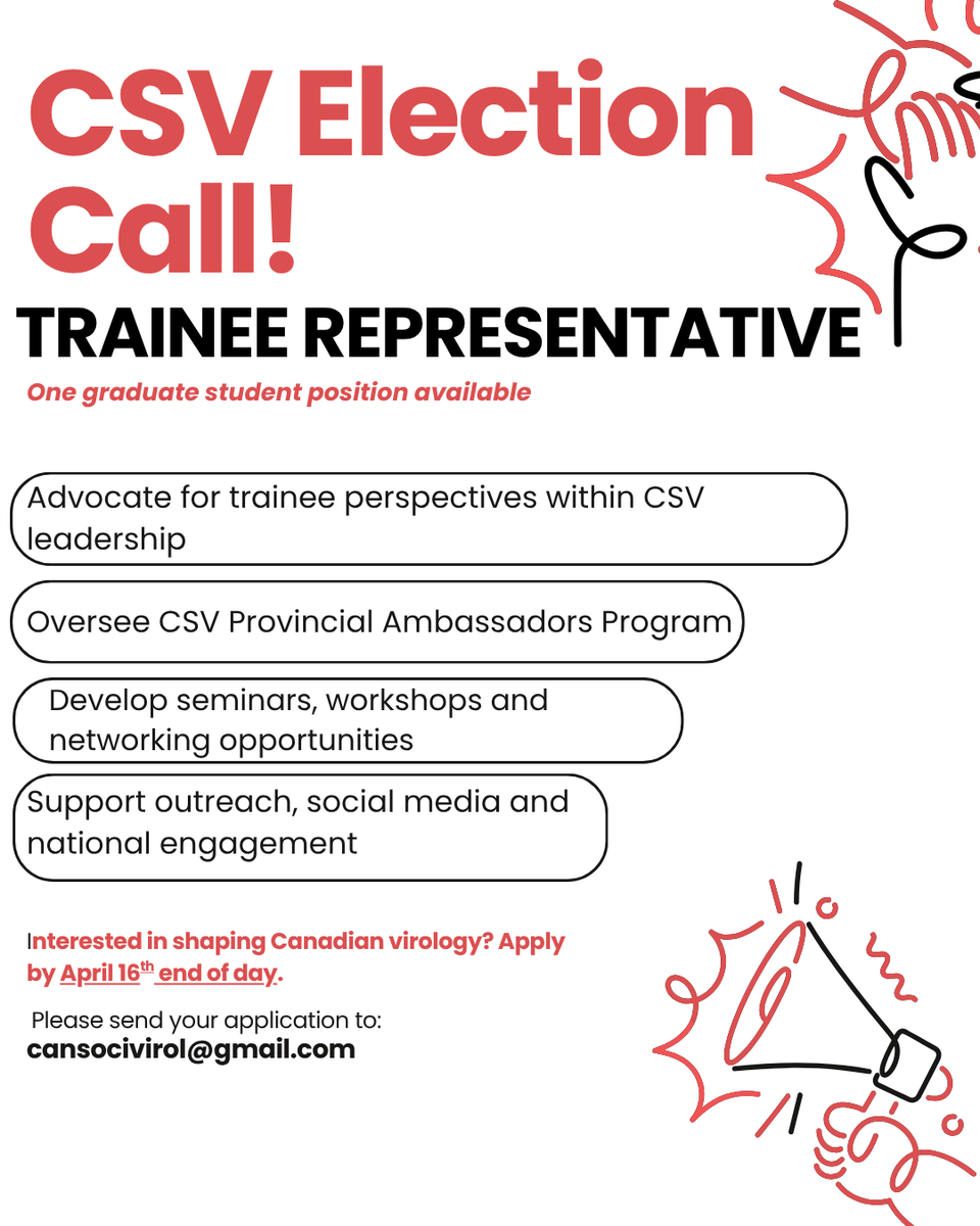 CanSocVirol's tweet photo. We have extended the application for the graduate trainee representative to tomorrow, April 16th! Please consider applying to help shape the future of Canadian virology. See the following link for more info: https://t.co/zosbQwOzIK https://t.co/AN9KxphjRp
