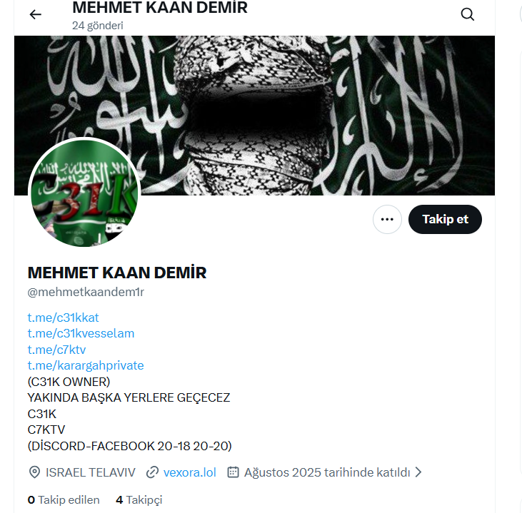 KIZILELMA_VATAN's tweet photo. 🚨#SONDAKİKA    
Kahramanmaraş Okul saldırısının kurucusu İsrail hesabı çıktı, Kurduğu Telegram hesabında ise İslam Adıyla faaliyet gösteren 100Bin kişi var. 
👇
 Telegram 'da, 'C31K' isimli grubun üyeleri tarafından  saldırı kutlanıp yeni saldırılar planlanıyor...

.@EmniyetGM  .@TC_icisleri  .@adalet_bakanlik