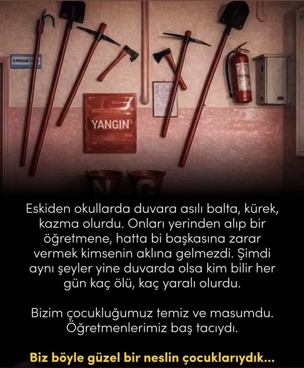 Eskiden okullarda duvarda balta, kürek, kazma olurdu… Ama kimse onları alıp zarar vermeyi düşünmezdi.

Sorun aletlerde değil, zihniyette.

Biz gerçekten daha sakin, daha saygılı bir neslin çocuklarıydık.

 #SONDAKİKA #Kahramanmaraş #Şanlıurfa #okuldaşiddetehayır