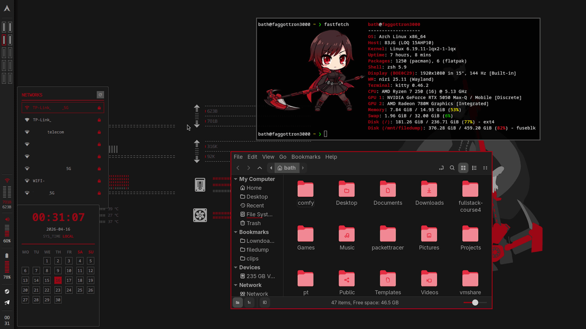 bot_unixporn's tweet image. [Niri] Tried to replicate worron ruby rice with quickshell
Link: redd.it/1smgpcx

#unixporn #linux #screenshot
