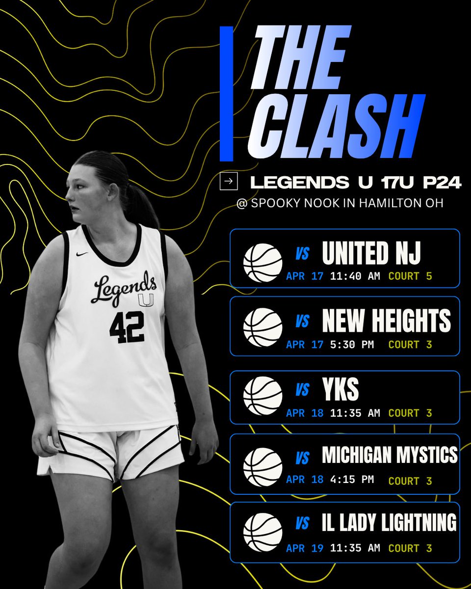 Kylie_perone44's tweet photo. Here’s our team’s schedule for this weekend at The Clash!! 🟨🟦 @Legends_Bball @BryceMcKey @GirlsBkb https://t.co/TP8yFwOxDu