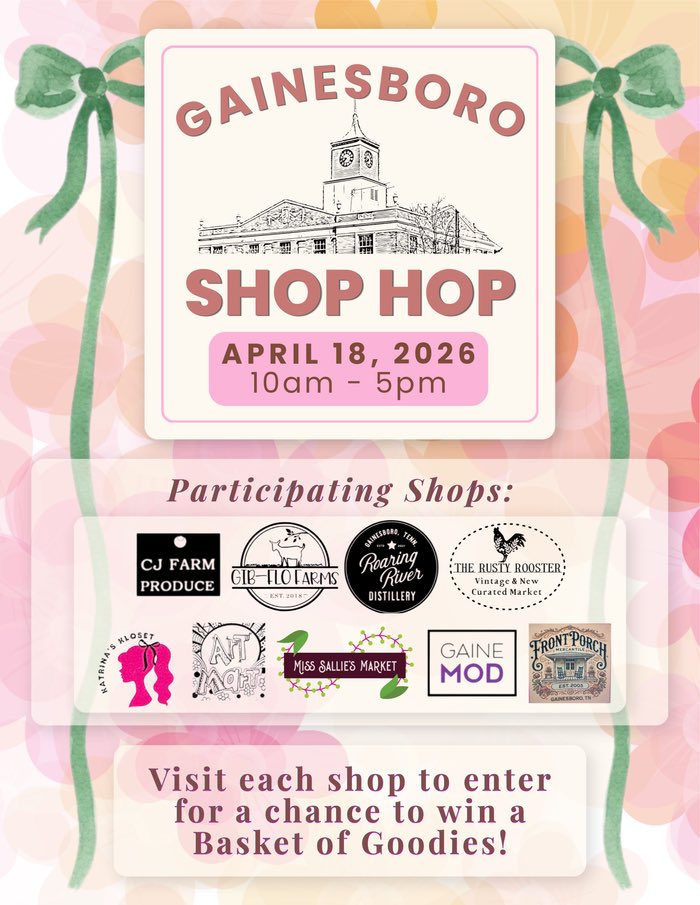 DarinRMcClure's tweet image. 🌸 Gainesboro Shop Hop! 🌸

Saturday, April 18, 2026 • 10am–5pm

Shop local &amp;amp; enter to win a Basket of Goodies at every stop!

#GainesboroShopHop #ShopLocal #SMMOC