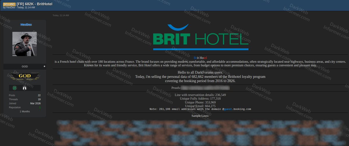 DarkWebInformer's tweet image. ‼️🇫🇷 The personal data of 682,662 members of the Brit Hotel loyalty program, a French hotel chain with over 180 locations, is allegedly being sold on a popular cybercrime forum.

‣ Threat Actor: HexDex
‣ Category: Data Breach
‣ Victim: Brit Hotel
‣ Industry: Hospitality /