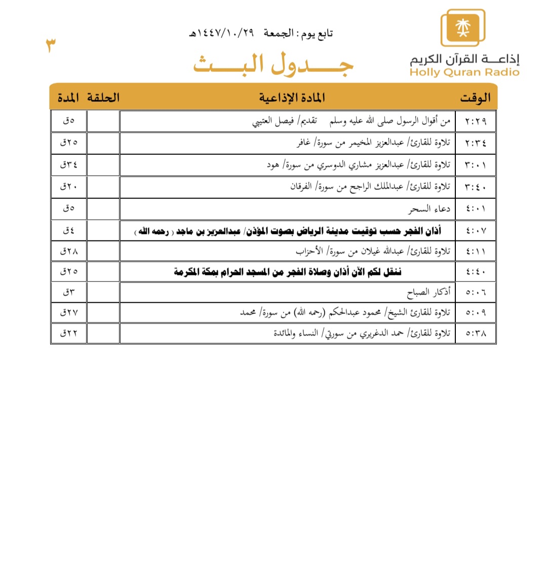 جدول تلاوات وبرامج
#إذاعة_القرآن_الكريم
ليوم #الجمعة 1447/10/29

رابط البث المباشر 👇🏻
radioplus.sba.sa/ar/live/4