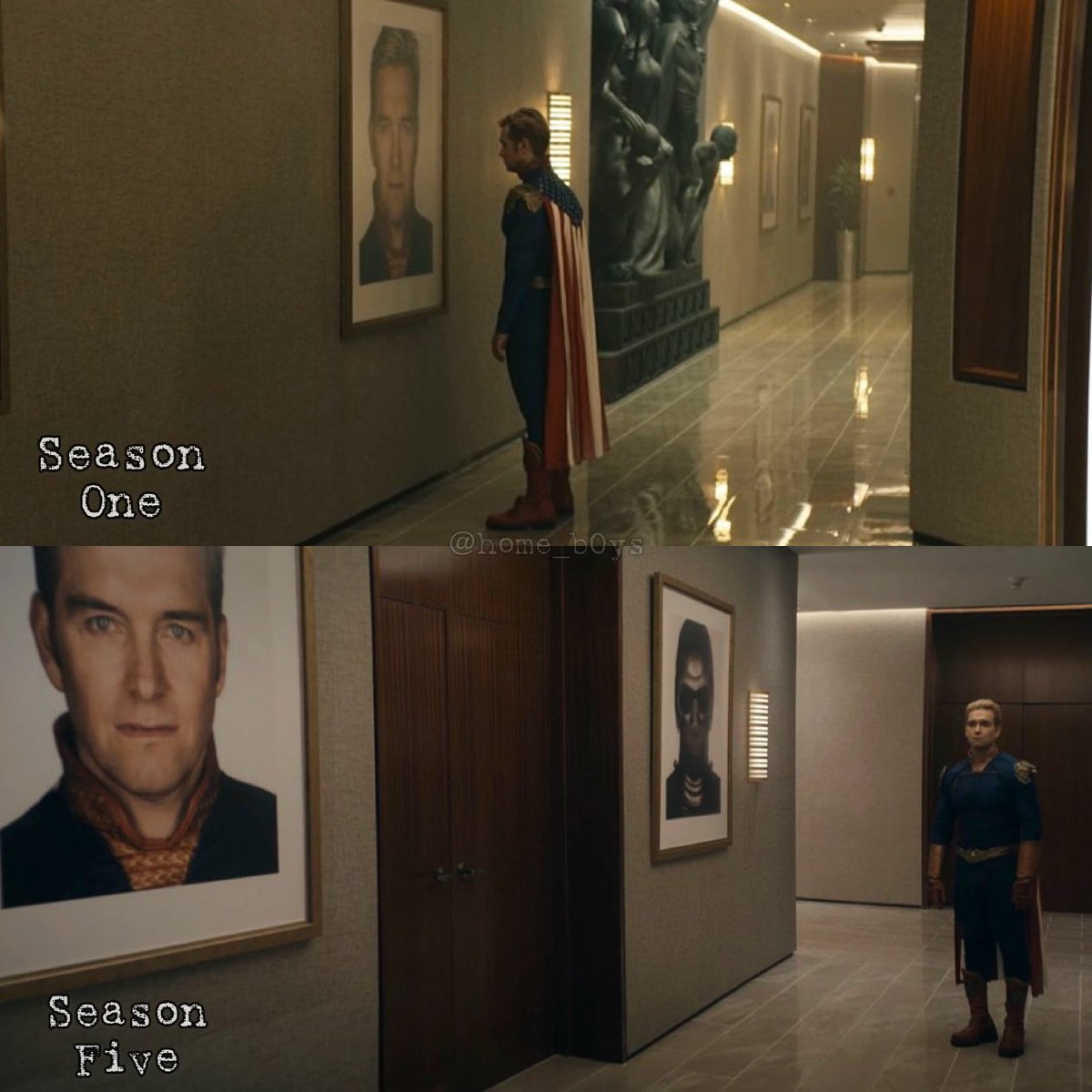 home_b0ys's tweet image. Five seasons later and Homelander is still standing in the hallways of Vought Tower like a lost soul, with only his portrait for company.