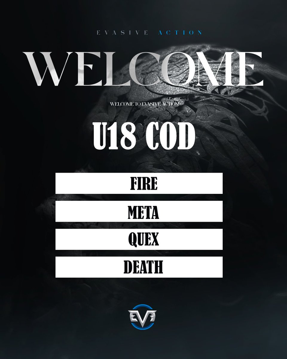 eVasiveAction U18 will be taking the stage in <a href="/U18CODLeague/">U18 Call of Duty League</a> | As the newest partnered team.

We're committed to getting these boys to the next level. The path to greatness starts here. #eVasiveOnTop

🔫<a href="/fire__c/">fire</a>
🔫<a href="/MetaPain_cod/">MetaPain_cod</a>
🔫<a href="/9Quex/">ً</a>
🔫<a href="/odeathzera/">𝓭𝓮𝓪𝓽𝓱.</a>
🔫<a href="/Reddnml/">Red Nml</a> (sub)