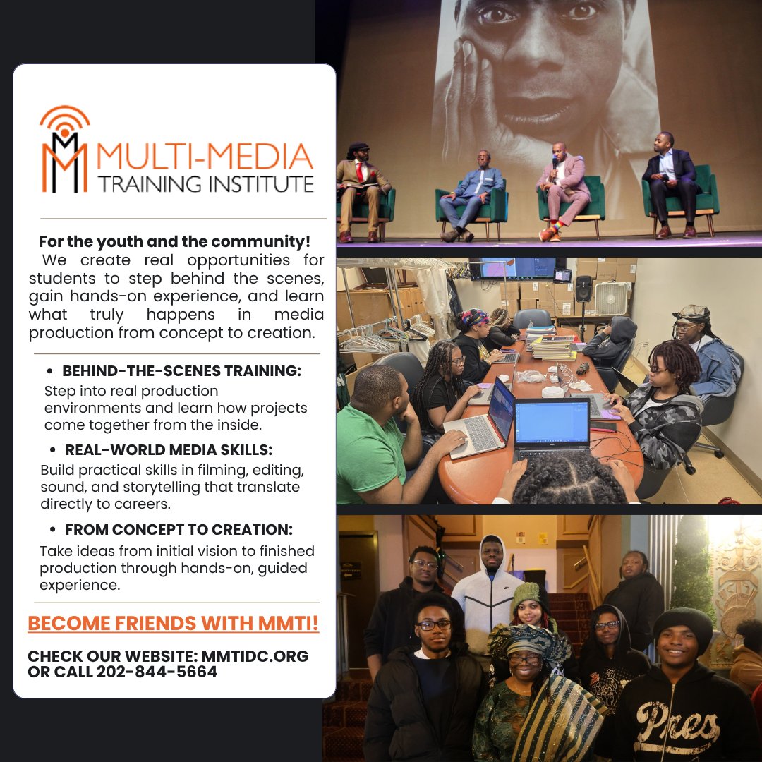 mmtidc's tweet photo. At MMTI, we’re giving DC youth the tools, access, and real-world experience to create, produce, and build their own lane.
📷 Behind-the-scenes training
📷 Real-world media skills
📷 From concept to creation
Tap in. Build your future.
https://t.co/UDe8DHVaUH  | 202-844-5664 https://t.co/lUaCrMSpUh