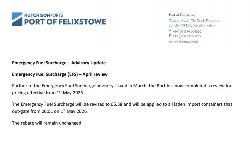 SandasonTrading's tweet photo. EFS announced by Port of Felixstowe--ongoing negative impact on UK logistics https://t.co/pychriPJiC