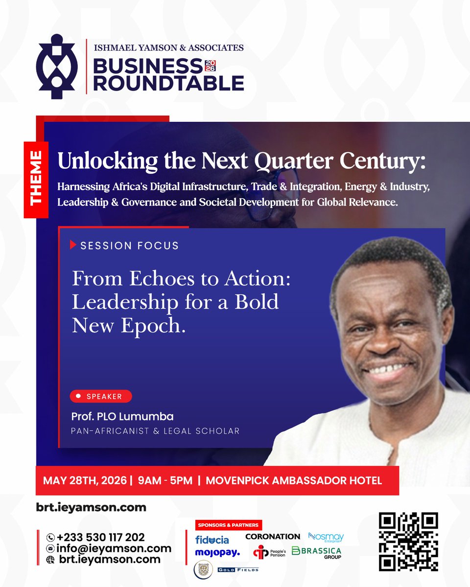 Renowned Pan-Africanist and legal scholar, <a href="/ProfPLOLumumba/">PLO Lumumba</a> will speak on Leadership for a Bold New Epoch.

Be part of the conversation on May 28th, 2026, at the Movenpick Ambassador Hotel, from 9AM to 5PM.

Visit brt.ieyamson.com for details.