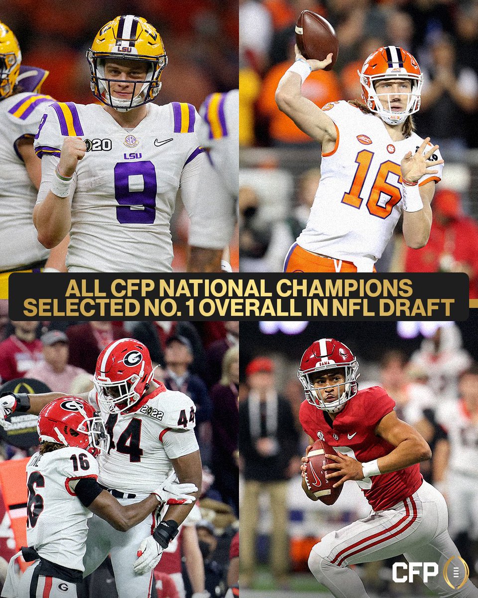 CFBPlayoff's tweet image. 4️⃣ CFP National Champions have been selected No. 1 overall in the NFL Draft 🏆

Will we see a fifth on April 23? 

#CFBPlayoff x #NFLDraft