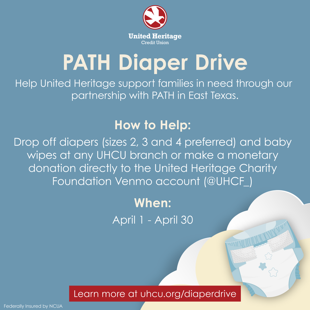 UHCU's tweet photo. Our Diaper Drive benefiting PATH is in full swing! We're collecting baby wipes and diapers all month long! Visit any UHCU branch to make your donation.  

Click here to learn more: https://t.co/gMWaqgYVPU

#diaperdrive #tylertx #uhcu https://t.co/YzprZNnAJt