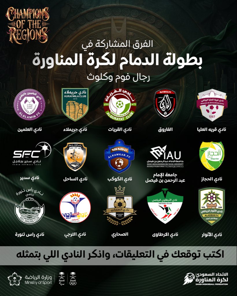 الفرق المشاركة في 🔥

#بطولة_الدمام لـ #كرة_المناورة 🤾‍♂️

منافسات قوية
أندية جاهزة للتحدي
وأجواء حماسية 

#dodgeball