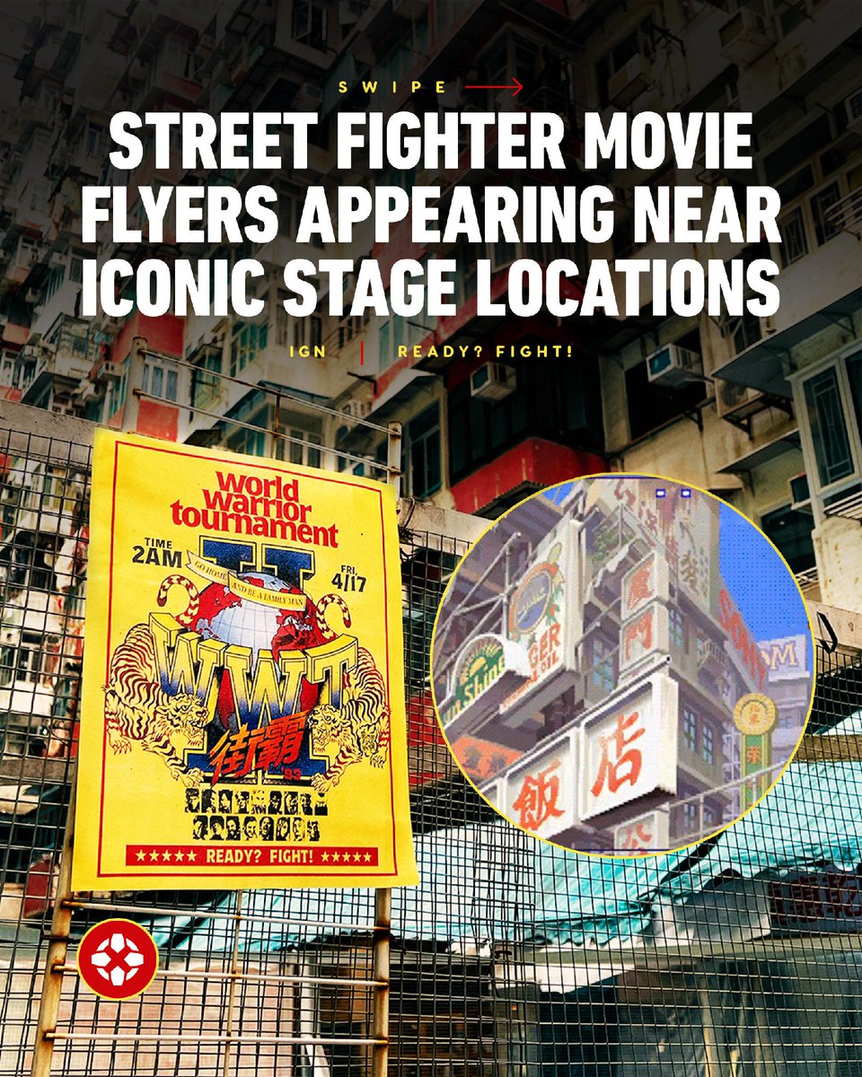 IGN's tweet photo. Flyers for the Street Fighter movie have been popping up all over the world, including areas near some iconic stages from the video games. The flyers include a date and time of Thursday, April 16 at 2pm ET/11am PT. https://t.co/FU9i0lT9M2