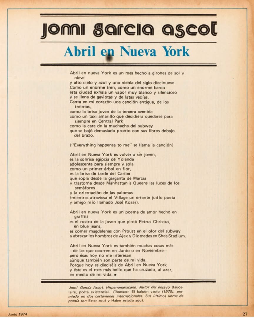 #Poesía
En el número 33 de 𝘗𝘭𝘶𝘳𝘢𝘭 se publicó “Abril en Nueva York”, de Jomi García Ascot.