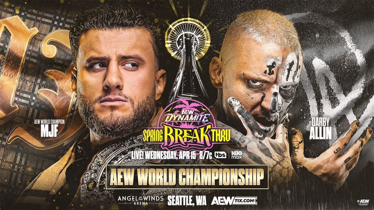 ProWrestlingPST's tweet photo. This will be the second match between MJF and Darby Allin in singles action in #AEW. Can Darby win the World Championship in front of his hometown fans? 

#AEWDynamite IGNITE for 4/15/26 (AEW Spring BreakThru 2026) https://t.co/QlthjvQqtT https://t.co/jMI2LJAZ7L