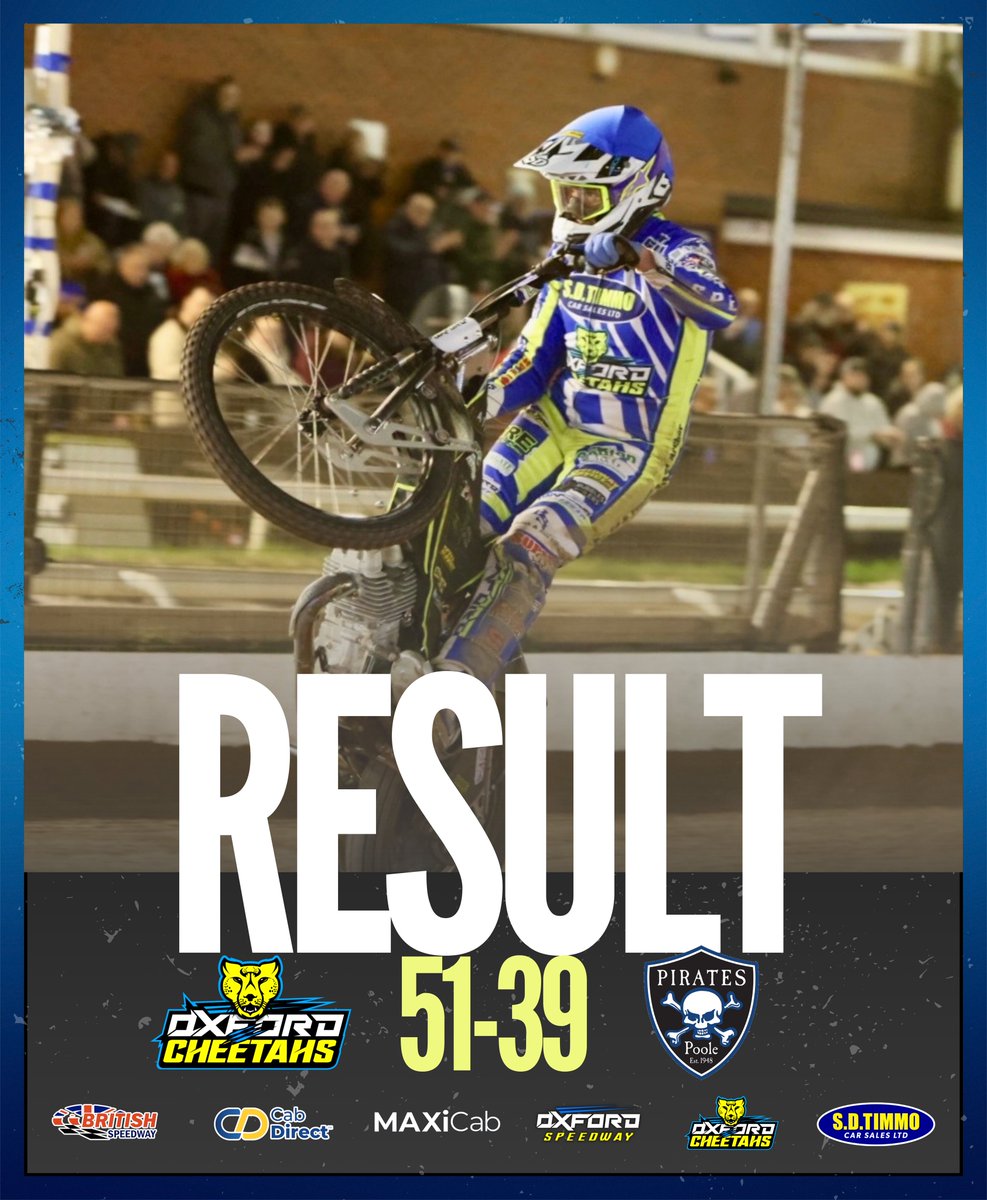 OxfordSpeedway's tweet photo. 𝗥𝗘𝗦𝗨𝗟𝗧 🏁

What a meeting. What a result! ✅

A huge performance from start to finish from the team. 💪

What an atmosphere inside BetGoodwin Oxford Stadium - you made the difference this evening. ❤️

🐆 51-39 ☠️

©️ Steve Edmunds
#OxfordSpeedway | #BritishSpeedway🇬🇧 https://t.co/651ju1C1hH