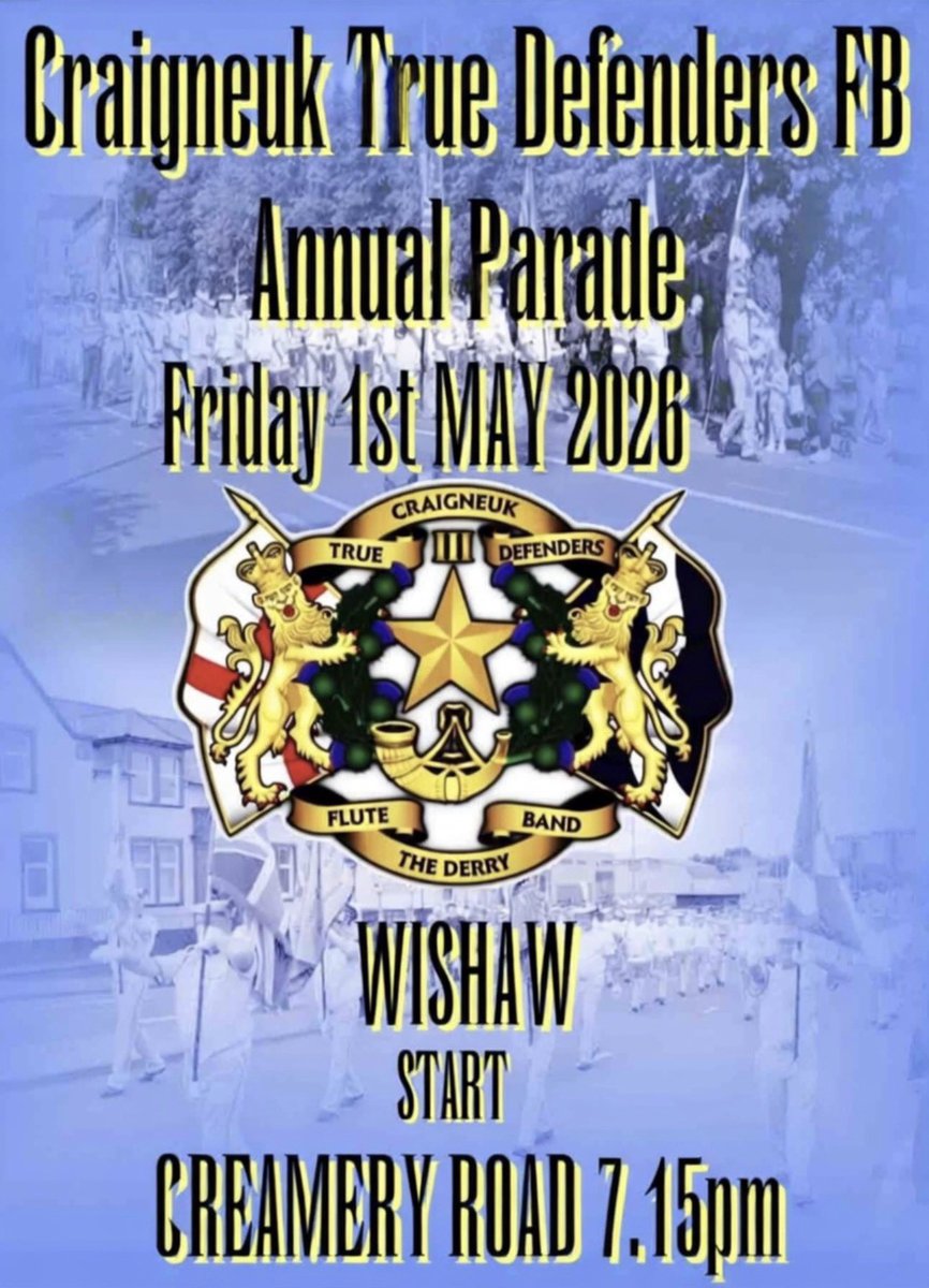 CRAIGNEUK TRUE DEFENDERS
           ANNUAL PARADE
       FRIDAY 1st MAY 2026.

INVITATIONS HAVE BEEN SENT TO BAND SECRETARIES VIA EMAIL.

IF YOUR BAND WOULD LIKE TO PARTICIPATE OR REQUIRE A LETTER OF INVITATION PLEASE EMAIL THE BAND 

Craigneuktruedefenders@gmail.com