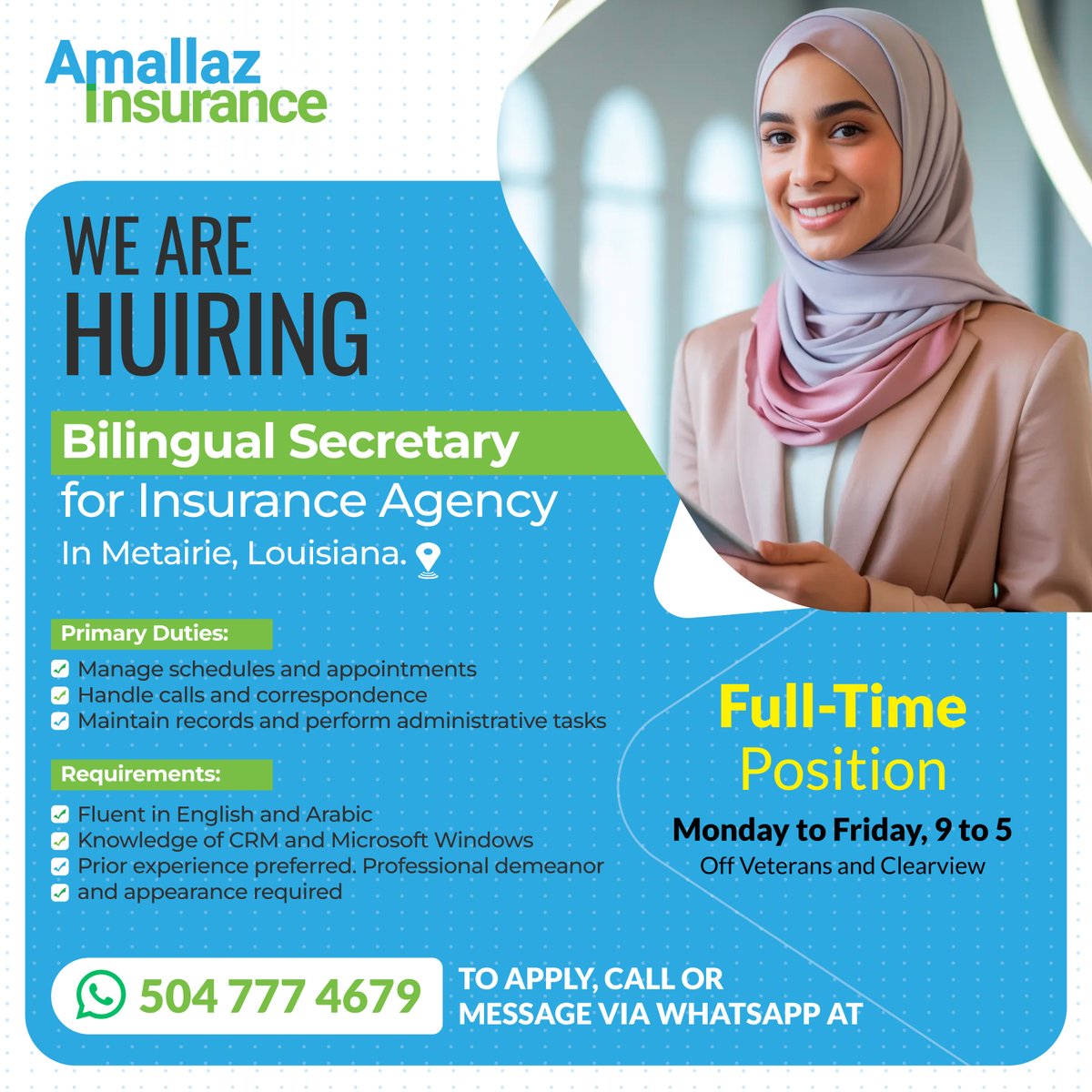 amallaz_'s tweet image. 📣 Hiring Now!
Bilingual Secretary (EN/AR)
📍 Metairie, LA
📲 +1 504 777 4679
#Hiring #Jobs #Bilingual