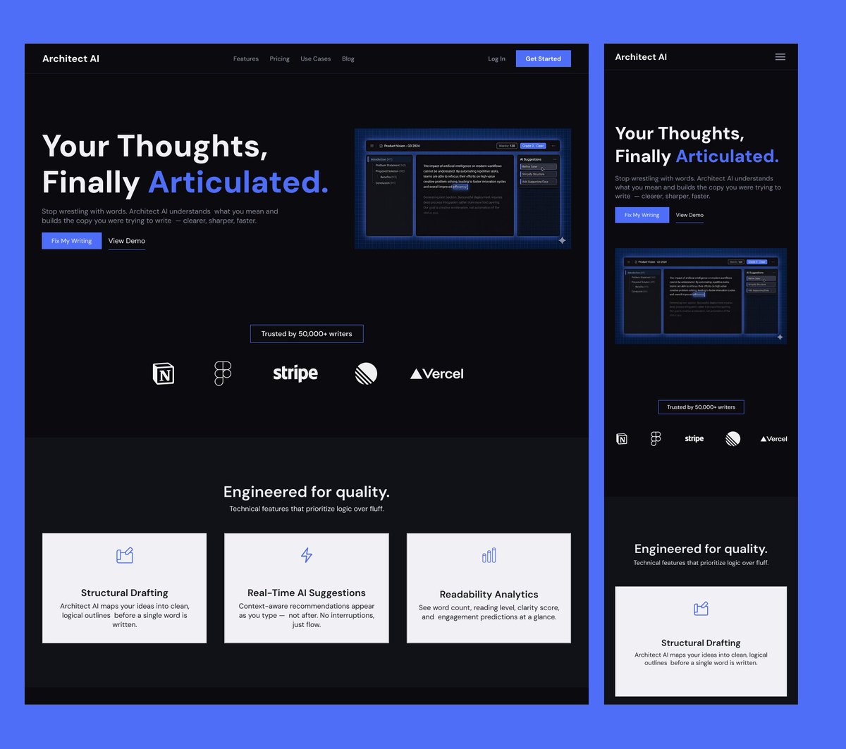 carles_devlog's tweet photo. Designed a homepage for Architect AI, an AI writing 
An assistant that helps you write more clearly, faster, and 
with more precision. 

Built the full desktop + mobile layout as part of 
My Stage 0 design task. https://t.co/H2v62EuSzH