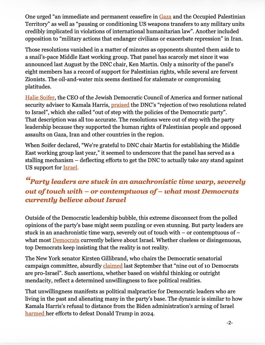 Plucille54's tweet photo. 'Why are Democratic leaders still ignoring voters on Israel?'
"Decisions at the latest @DNC meeting emphasized the disconnect betw the party’s leadership &amp; its base"
@Guardian opinion piece by @normansolomon a must share w/ state leaders, reps &amp; senators.
Formatted for printing⬇️ https://t.co/06i6kHHhwU