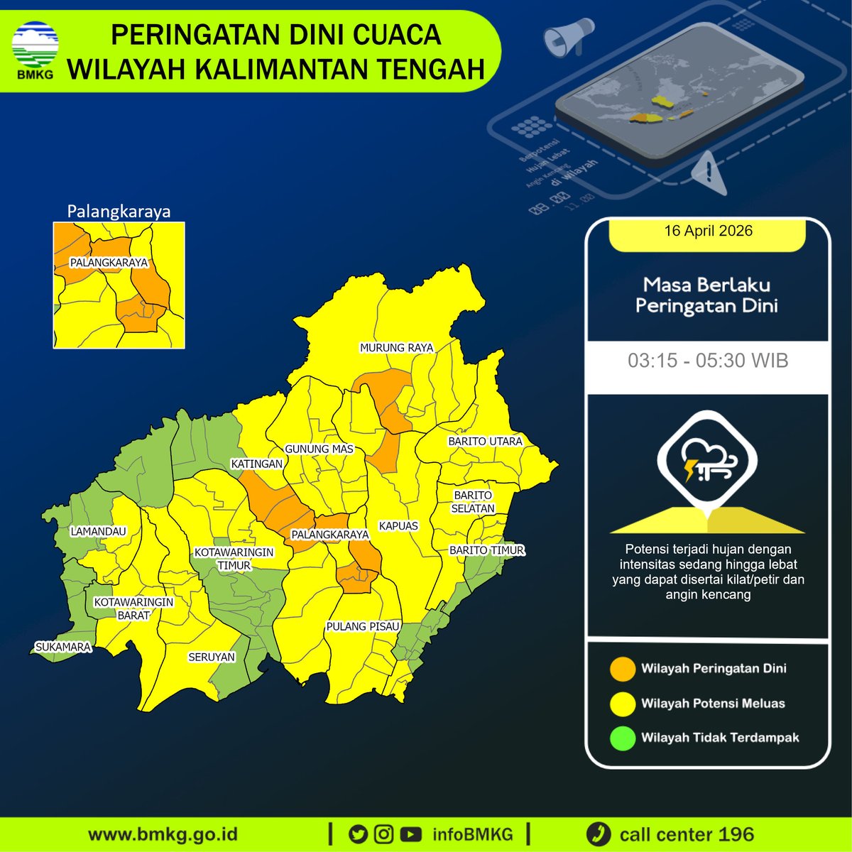 infoBMKG's tweet photo. Update Peringatan Dini Cuaca Wilayah - Kalimantan Tengah Tgl. 16 April 2026 pkl. 03:15 WIB
Prakirawan - BMKG - Kalimantan Tengah
https://t.co/CT4oqvcrcc https://t.co/Dm5sPgOXnL