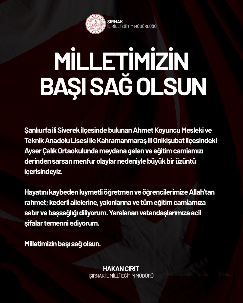 sirnakmem73's tweet photo. Milletinizin başı sağ olsun.

@tcmeb @Yusuf__Tekin @sirnakvaliligi @birolekici73 @hkncrt1 https://t.co/yYfQ4i1DDV