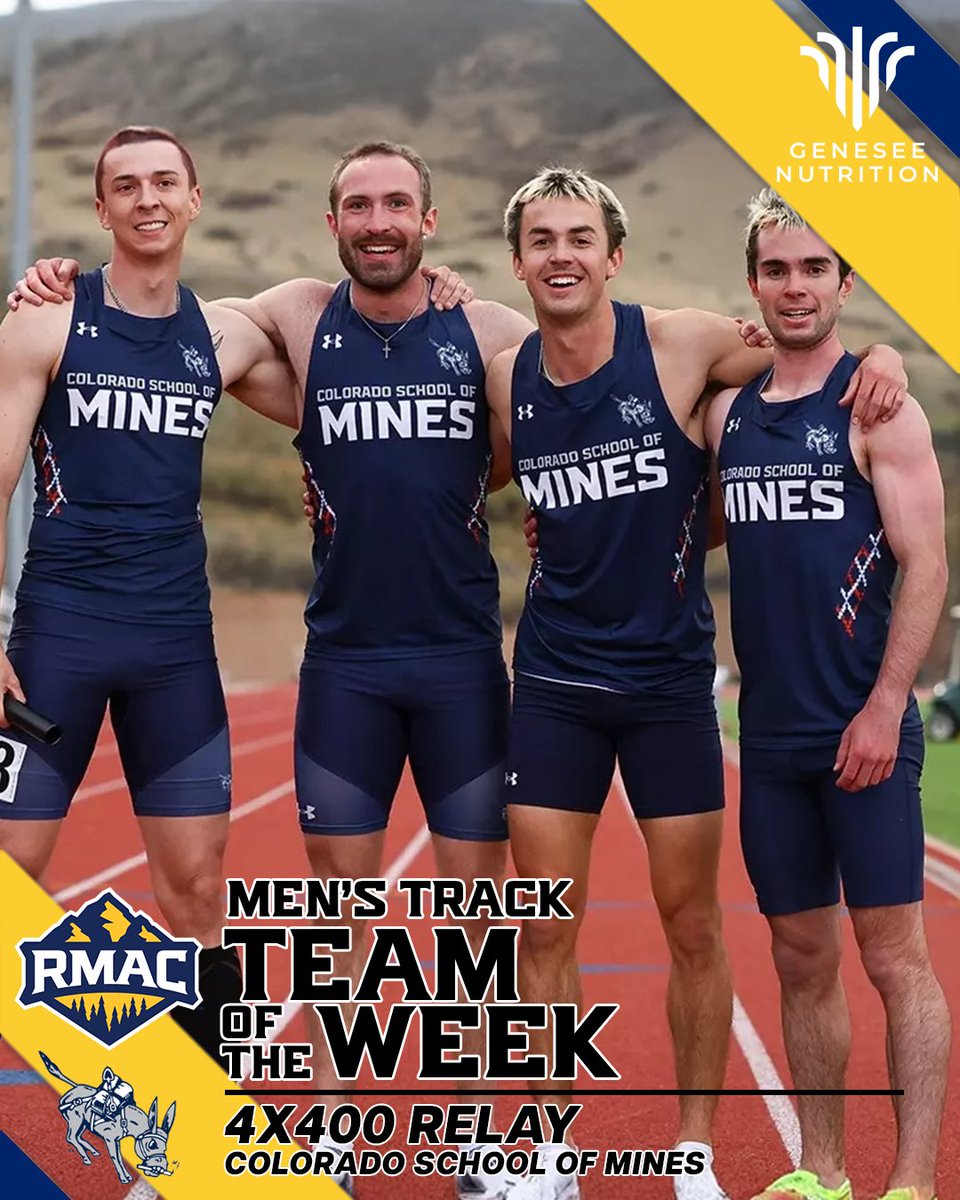 RMAC_SPORTS's tweet photo. Colorado School of Mines' 4x400-meter relay is your RMAC Men's Track Team of the Week, presented by Genesee Nutrition!

🗞️:  https://t.co/HtqM0LtAxL

#EverythingElevated | @GeneseeProtein | @CSMtrack https://t.co/WNwRvewBgO