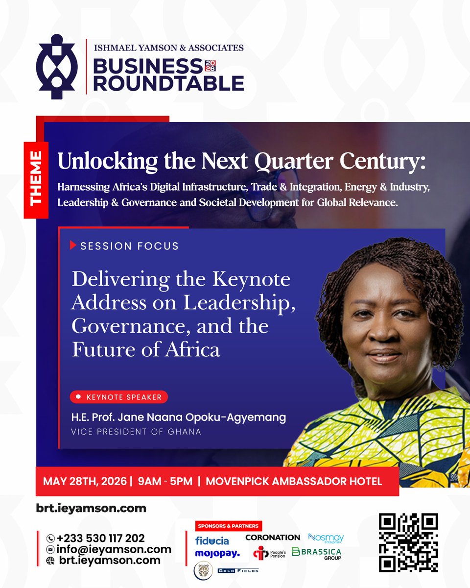 We are honoured to spotlight <a href="/NJOAgyemang/">Professor Naana Jane Opoku-Agyemang</a> , Vice President of Ghana, as a Keynote Speaker at the Ishmael Yamson &amp; Associates Business Roundtable 2026.

Join us on May 28th, 2026, at the Movenpick Ambassador Hotel from 9AM to 5PM.

Learn more at brt.ieyamson.com.