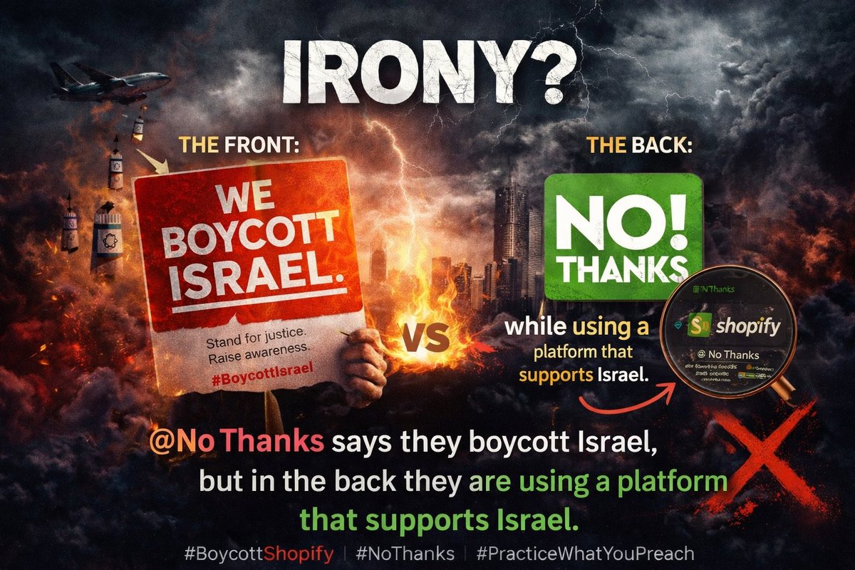 Shaik727272's tweet photo. 🚨 Question of consistency 🚨

Saying “we boycott Israel” on the front…
But using Shopify in the background? 🤔

If the message is about ethics, the platform should reflect it too.

📢 @NoThanks — time to align actions with values.

Consistency isn’t optional.

#BoycottShopify https://t.co/qj9vkWizQt