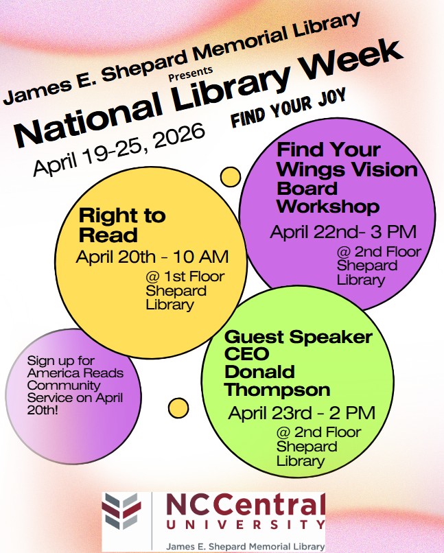ShepardLibrary's tweet photo. 📷 Celebrate National Library Week with us! 📷
April 19–25, 2026 | James E. Shepard Memorial Library
Join us for a week of inspiration, creativity, and community as we celebrate the theme “Find Your Joy.” 
Come connect, learn, and discover what brings you joy. https://t.co/b1Pavj88zn