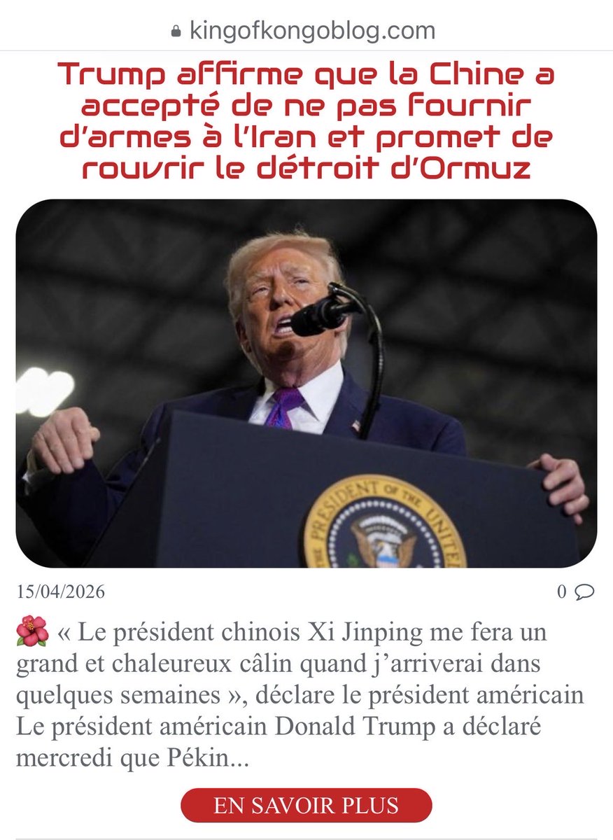 thekingofkongo's tweet photo. Trump affirme que la Chine a accepté de ne pas fournir d’armes à l’Iran et promet de rouvrir le détroit d’Ormuz https://t.co/3q02291VWZ #INFO via @@thekingofkongo https://t.co/fw9qMRFcuu