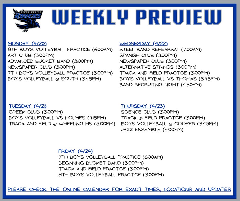 RiverTrailsMS's tweet photo. We're excited for another spring week filled with amazing activities! Here is the upcoming schedule. https://t.co/pwKgM62Son