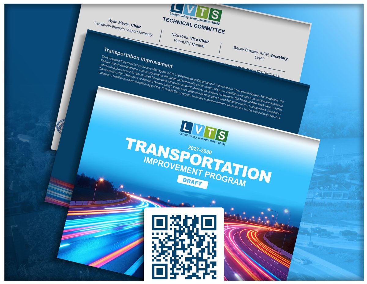 LVPlanning's tweet image. A $545M vision for the Lehigh Valley. 
 The Transportation Improvement Program (TIP) is our 4-year plan to modernize roads, trails, transit and tech. Have your say!

Register for the public meeting: 🔗 lvpc.org/transportation…
 
#LehighValley #TIP #FutureLV #Planning