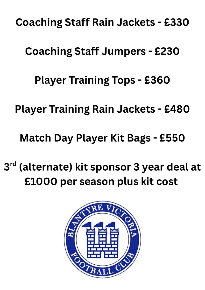 BVFC1890's tweet photo. 🔵 Kit Sponsorship Opportunity 🔵

The Vics are looking for any business’s to potentially sponsor coaches & player kit for next season! We as a club rely on sponsorship for all kit and appreciate anyone doing so 👍🔵⚪️ (see list below)

Email - blantyrevics1890@outlook.com
Text - 07984 199965