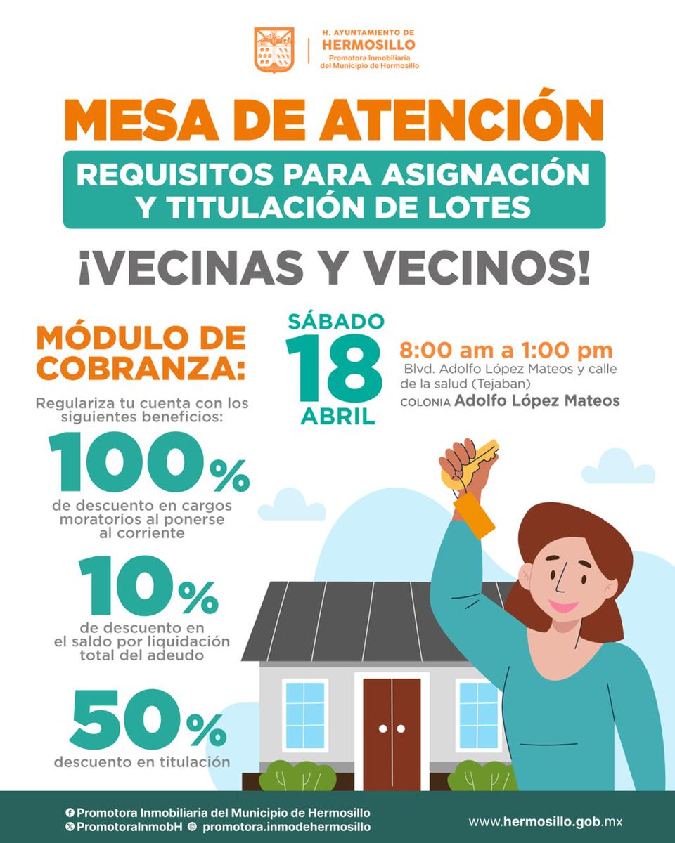 PromotoraInmobH's tweet photo. ¡ACUDE A LA GRAN JORNADA DE DESCUENTOS! 
Te invitamos a ser parte de un evento donde encontrarás atractivas promociones ¡te esperamos!
 Fecha: sábado 18 de abril de 8:00 am a 1:00 pm en
 BLVD. A. LOPEZ MATEOS y CALLE DE LA SALUD, COL. A. LOPEZ MATEOS (Tejabán)
@HermosilloGob https://t.co/HHR5VN04ih