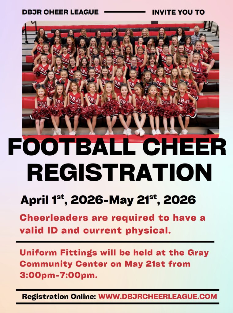 WCDE_TN's tweet photo. DBJR Cheer League is now accepting registrations. There is also a cheer camp if you want to learn more about it. Click here for all the information: https://t.co/AlvKL986Lq https://t.co/LOzjTrEV9U