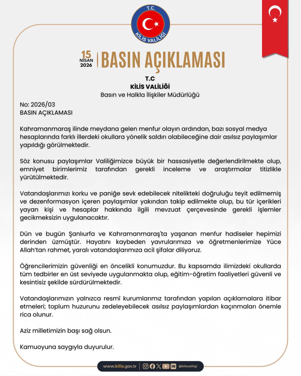 15.04.2026 tarihli Basın Açıklamamız.⬇️

kilis.gov.tr/basin-aciklama…