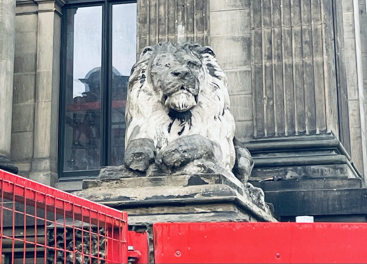 mrjoediddley's tweet photo. According to local folklore these lions come to life, but it’s ok, they are safely caged by the Leeds Town Hall renovations https://t.co/Mlt2ivDFjP